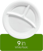 PLASTICPRO 9 inch Round Plastic Plates 3 Compartment - 3 Section Plates Microwaveable, Disposable, White, Dinnerware 100 Count