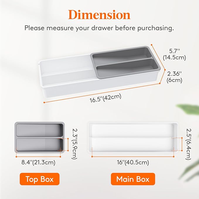 Lifewit Compact Silverware Organizer for Kitchen Drawer, Narrow Flatware Tray Holder, Plastic Cutlery Spoons, Forks and Knives Storage, White&Gray, 1 Pack