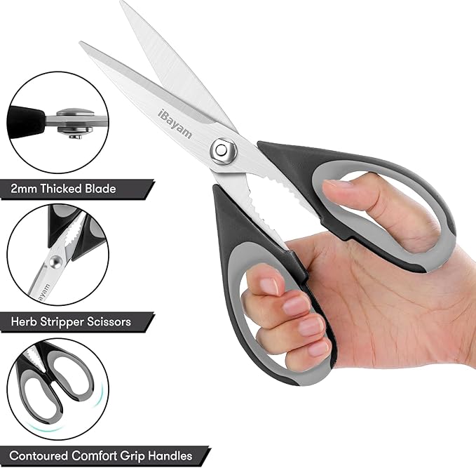 Kitchen Gadgets Utensils Set for Home, iBayam 8.5" Kitchen Scissors with Sheath, Black Cooking Scissors, All Purpose Shears
