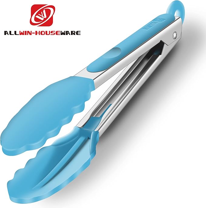 Set of 2 Kitchen Tongs, Premium Stainless Steel Locking 9-Inch & 12-Inch Silicone Grilling Barbeque Cooking Food Tong, Blue