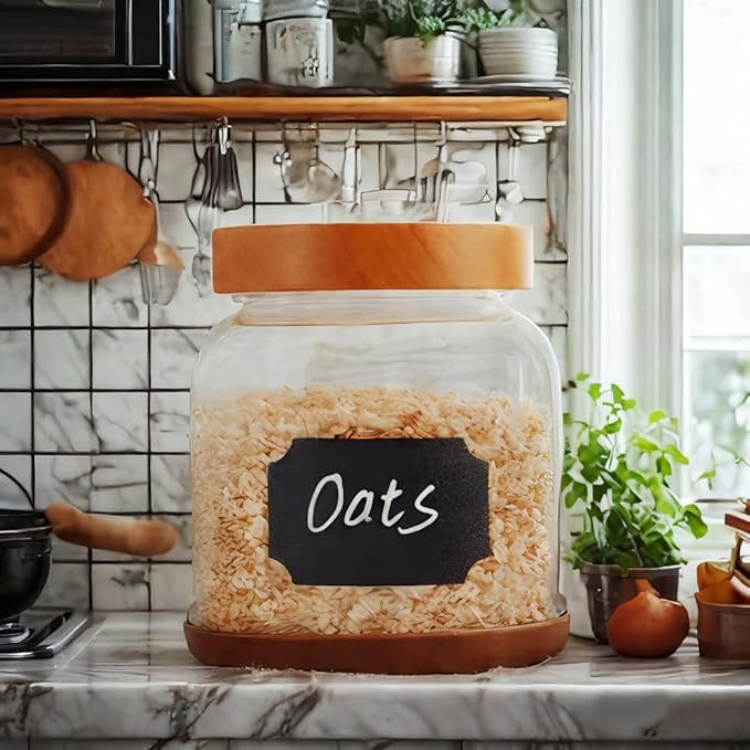 SAIOOL Large Capacity Screw Glass Food Storage Jars (Set of 2) - Diam 15cm x H16cm 2000ML Kitchen Canisters for Flour, Rice, Pasta, Leakproof Design with Yellow Wood Lid & Accessories