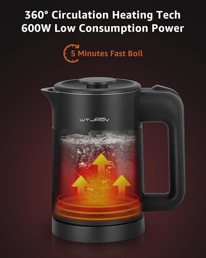 0.6L Small Electric Tea Kettle Lightweight, 20 Ounce Double Wall Hot Water Boiler Stainless Steel Auto Shut-off, 120V Portable Travel Electric Kettle Fast Boil for Tea and Coffee, Black