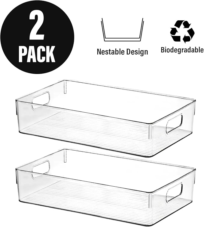 Clear Plastic Storage Bins, Perfect for Kitchen Organization or Pantry Organization and Storage, Large Fridge Organizer Plastic Bins, Pantry Organization and Storage Bins, Cabinet Organizers