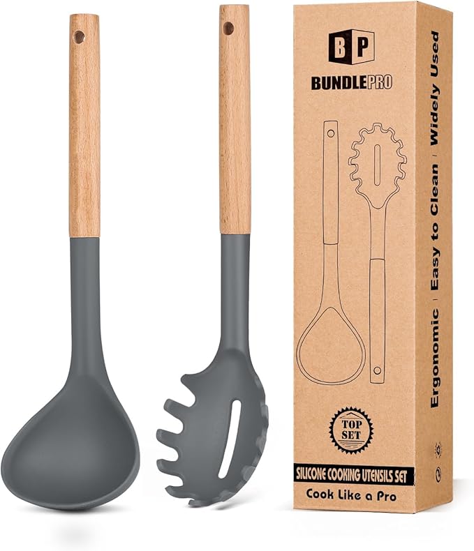 Silicone Pasta Fork and Ladle Spoon Set with Wooden Handle, Heat Resistant Non Stick Kitchen Utensils for Cooking, Stirring, Serving Spaghetti, Soup, Sauce(GRAY)