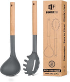 Silicone Pasta Fork and Ladle Spoon Set with Wooden Handle, Heat Resistant Non Stick Kitchen Utensils for Cooking, Stirring, Serving Spaghetti, Soup, Sauce(GRAY)