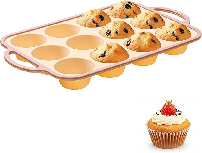 Silicone Muffin Pans for Baking 1 Pack, 2.6 Inch with Metal Reinforced Frame, Regular Size Nonstick Silicone Cupcake Pan for Baking Homemade Muffins, Cupcakes, Dishwasher Safe BPA Free-Yellow