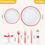 Goodluck 350 Piece Red Plastic Dinnerware Set for Party, Clear Disposable Plates for 50 Guests, Include: 50 Dinner Plastic Plates, 50 Dessert Plates, 50 Pre Rolled Napkins with Cutlery Set, 50 Cups