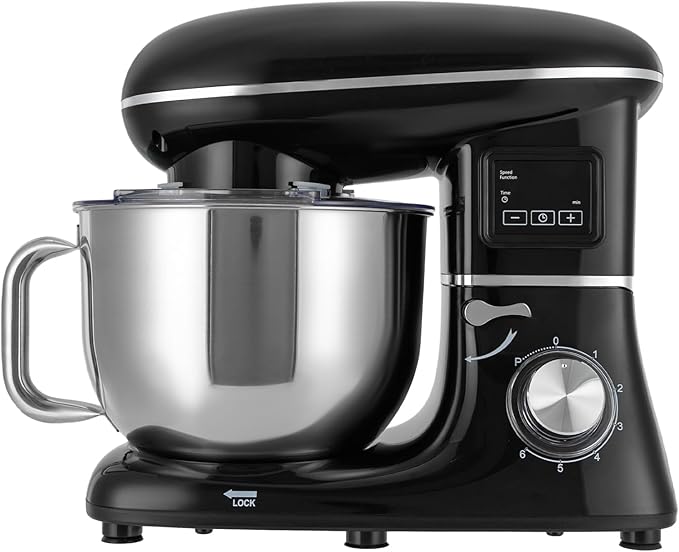 Stand Mixer 1350W Electric Tilt-Head Mixer with 6.5 QT Stainless Steel Bowl, 6 Speed with Pulse Kitchen Mixer, Food Mixer with Dough Hook, Flat Beater, Whisk, Splash Guard (Black)