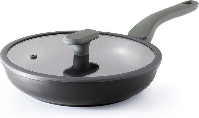 PRICUSIS Nonstick Ceramic Frying Pan with Lid, 8/10 Inch Skillet with Stay Cool Handle, Fully Coated, Induction Compatible & Oven Safe, 100% Dishwasher Safe, PTFE & PFOA Free（8 Inch, Black Sesame）