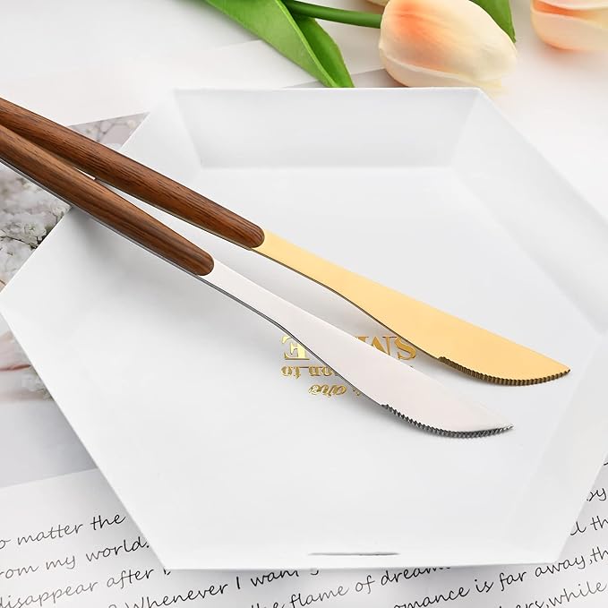 20 Piece (4 Set) Wood Handle Silverware Set, Retro 18/0 Stainless Steel Cutlery Set, Kitchen Utensils Include Knife Fork Spoon, Mirror Polish, Silver