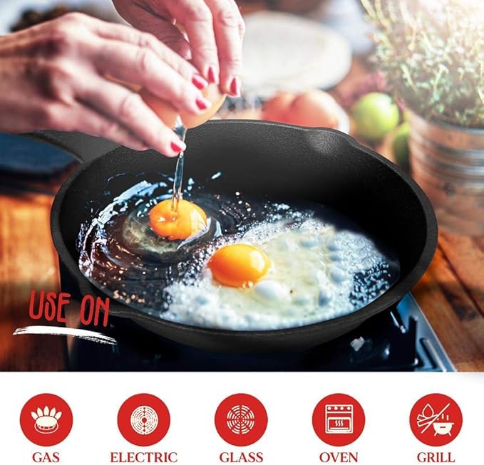 NutriChef Pre-Seasoned Cast Iron Skillet Pans - 3 Pieces Kitchen Frying Pan Nonstick Cookware Set w/Drip Spout - Includes Scraper - Electric Stovetop, Induction, Gas Range, Ceramic - NutriChef NCCI76