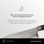 DURA LIVING Santoku Knife - 7 Inch Black Nonstick Titanium Plated Stainless Steel Ultra Sharp Blade, With Ergonomic Comfort Grip Handle Asian Chef's Knife, With Matching Sheath