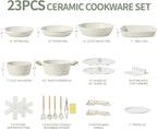23pcs Ceramic Pots and Pans Set, Nonstick Detachable Handle Cookware, Induction Kitchen Cooking Set with Removable Handle,include Frying Pans & Saucepans Oven Safe, Induction, Stackable Set