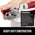 GORILLA GRIP Heavy Duty Stainless Steel Smooth Edge Manual Can Opener and Bottle Openers, Soft Comfortable Handle, Oversized Handheld Turn Knob, US Designed Multifunctional Kitchen Tool, Red