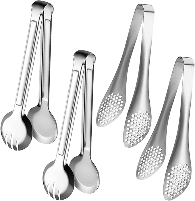 4 PCS Serving Tongs 9 Inch Buffet Tongs Stainless Steel Serving Utensils for Salad Buffet Appetizer Dessert Food Parties, Silver