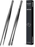 2 Pcs 10-inch Cooking Tweezers Tongs Precision Serrated Tips, Stainless Steel Professional Chef Tweezer Kitchen Tools for BBQ, Plating and Serving (Black)