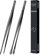 2 Pcs 10-inch Cooking Tweezers Tongs Precision Serrated Tips, Stainless Steel Professional Chef Tweezer Kitchen Tools for BBQ, Plating and Serving (Black)