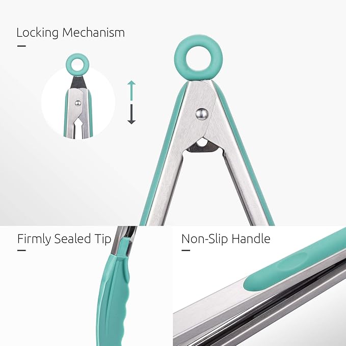 Kitchen Tongs, U-Taste 7/9/12 inches Cooking Tongs, with 600ºF High Heat-Resistant Non-Stick Silicone Tips, 18/8 Stainless Steel Handle, for Food Grill, Salad, BBQ, Frying, Serving, Pack of 3(Teal)