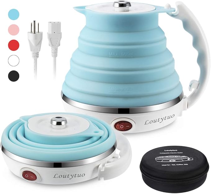 Ultrathin Upgraded Food Grade Silicone Travel Foldable Electric Kettle Boil Dry Protection Portable with Dual Voltage and Separable Power Cord,555ML 110-220V US Plug