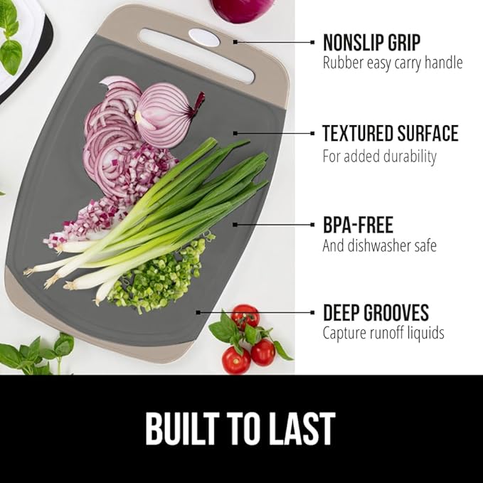 GORILLA GRIP BPA-Free Reversible Kitchen Cutting Board Set of 3, US Designed, Nonporous, Juice Grooves Catch Liquid, Slip Resistant Border, Dishwasher Safe, Durable Food Chopping Boards, Almond Gray