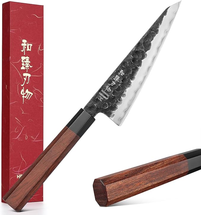 HEZHEN 5.8 inch Multi-purpose Knife,10Cr15CoMoV Steel Core,Triple-layer Composite Steel,Redwood Handle,Professional Kitchen Knife - Razor Sharp