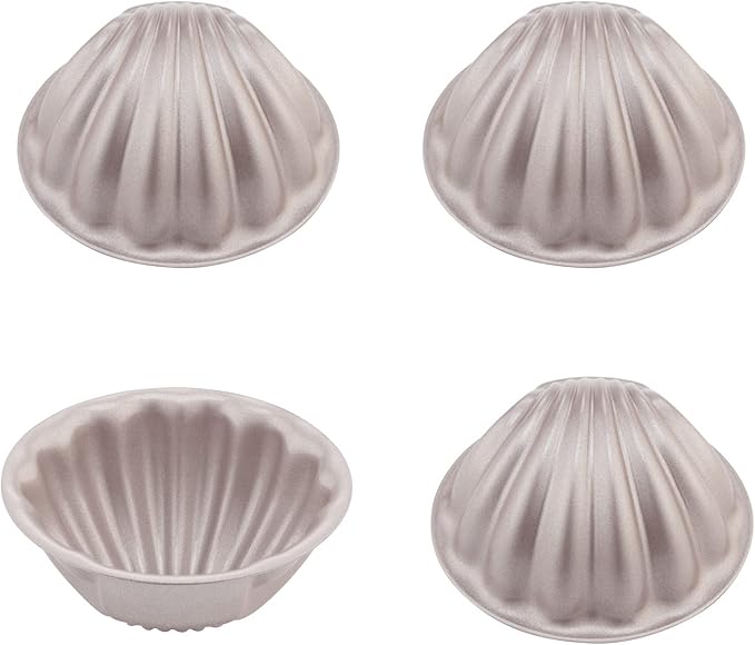 CHEFMADE Mini Madeleine Cake Pan Set, 3-Inch 4Pcs Non-Stick Spherical Shell Madeline Bakeware for Oven and Instant Pot Baking (Champagne Gold)