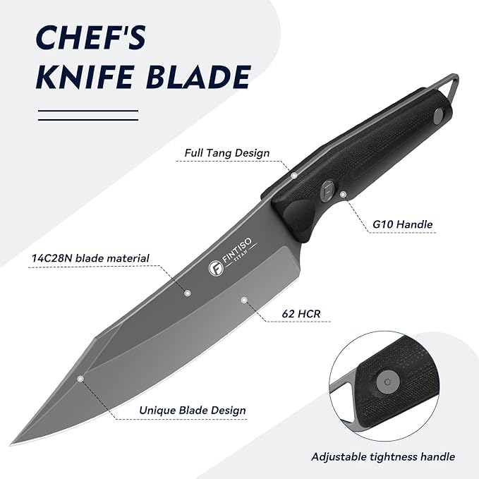 FINTISO 14C28N Steel Viking Knife, Japanese Butcher Knife with G10 Handle, Ultra Sharp Meat Cleaver Boning Knives for Meat Cutting, Outdoor Kitchen Chef Knives Best Gift (Red)
