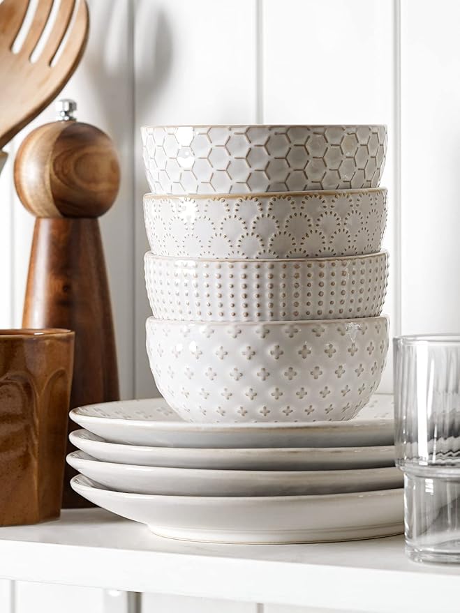 LE TAUCI Small Bowls 12 OZ, Ice Cream Bowl, Ceramic Embossment Stoneware Bowl, Bowls Set for Dessert, Fruits, Side Dishes, Suit For Housewarming - 4.5 Inch, Set of 4, Arctic white