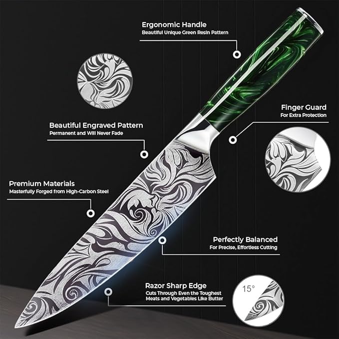 SENKEN 8-piece Engraved Japanese Kitchen Knife Set & Beautiful Green Resin Epoxy Handles - Wasabi Collection - Chef's Knife, Bread Knife, Cleaver Knife, Paring Knife, & More