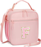 Initial Insulated Lunch Bag for Girls Kids, Back to School Gift, Reusable Leak-proof Lunch Box with Adjustable Strap for School Daycare Travel Picnic (Pink,F)