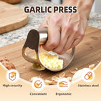 2026 New Garlic Press Rocker, Upgrade Garlic Press Stainless Steel, Portable Manual Stainless Steel Garlic Press Rocker, Innovative Garlic Crusher with Peeler and Scraper (1)