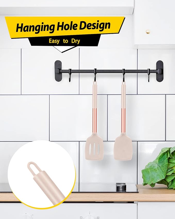Pack of 2 Silicone Solid Turner, Non Stick Slotted Kitchen Spatulas, High Heat Resistant BPA Free Cooking Utensils, Ideal Cookware for Fish, Eggs, Pancakes(Rose Gold Khaki)