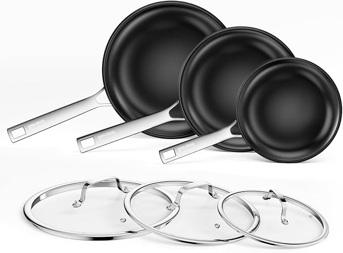 Innerwell Nonstick Ceramic Frying Pan Set,8inch&9.5inch&11inch Stainless Steel Frying Pan Skillet W/Glass Lid,Titanium Ceramic Omelet Pans,Kitchen Cooking Pan Set, Compatible W/All Cooktops