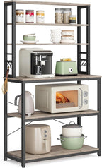 VASAGLE Coffee Bar, 31.5 Inches Baker's Rack for Kitchen with Storage, 6-Tier Kitchen Shelves with 6 Hooks, Microwave Stand, Industrial, Greige and Black UKKS019B02