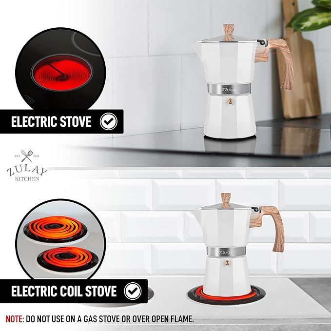 Zulay Kitchen Stovetop Espresso Maker - Moka Pot 6 Espresso Cups - Percolator Coffee Maker for Classic Cuban & Italian Style Espresso - Portable Coffee Maker for Camping & Travel - (White)