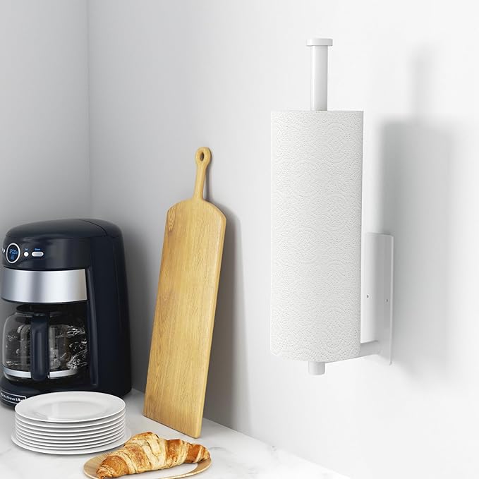 Paper Towel Holder - Self-Adhesive or Drilling, White Wall Mounted Rack - SUS304 Stainless Steel Kitchen Roll Holder Under Cabinet (2 Pack)
