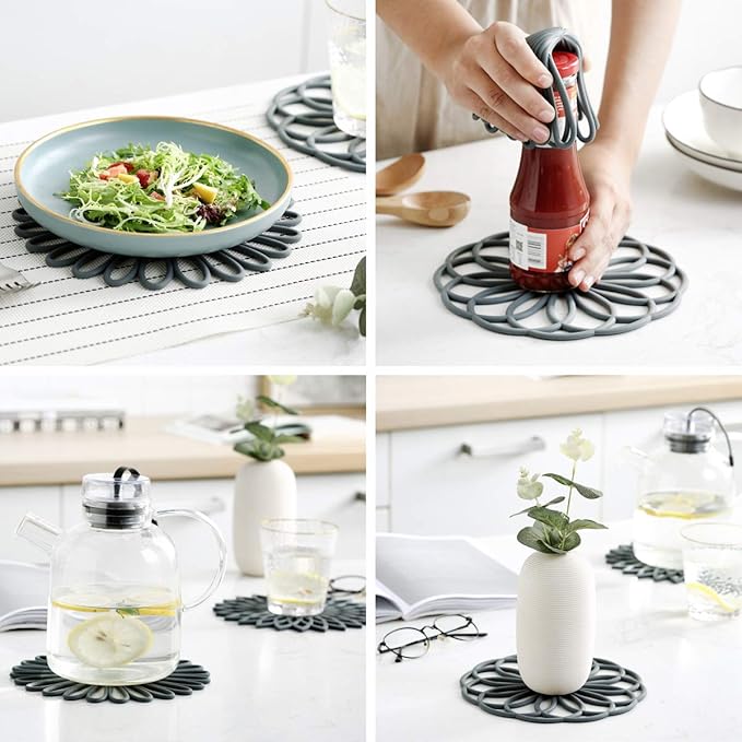 Set of 3 Silicone Trivet Mat - Table & Countertop Hot Pads - Non-Slip & Heat Resistant Modern Kitchen Pads for Pots & Pans, Teal