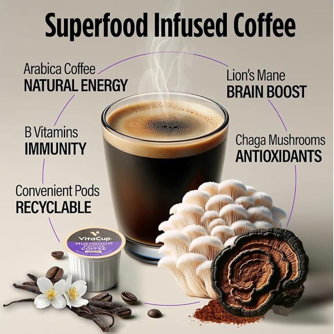 VitaCup Focus Mushroom Coffee Pods, Vanilla Flavored Coffee with Chaga, Lion’s Mane, Vitamins, Medium Dark Roast Arabica Beans, Recyclable Single Serve Pods Compatible with Keurig K-Cup Brewers, 16 Ct