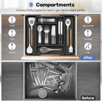 Caperci Large Silverware Organizer for Kitchen Drawer & Utensils - Expandable Drawer Organizer for Cutlery, Flatware & Gadget, BPA-Free Thick Plastic, Wider Compartments & Non-skid Feet (Black)