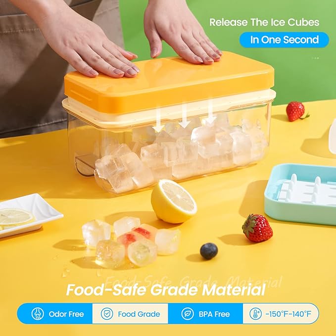 PHINOX Ice Cube Tray with Lid and Bin, Ice Trays for Freezer, Flexible Ice Cube Trays, Making 64 pcs Ice Cubes, Chilling Cocktail, Whiskey, Coffee, with 2 trays, Ice Container, Scoop&Cover, BPA Free