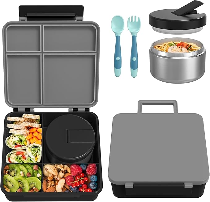 Bento Lunch Box with 8oz Soup Thermo, Kids Leakproof Lunch Food Containers with 4 Compartment, Kids Thermo Insulated Hot Food Jar for School, Trvael (Grey)