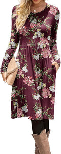 DB MOON Women Casual Long Sleeve Dresses Empire Waist Knee Length Loose Dress with Pockets