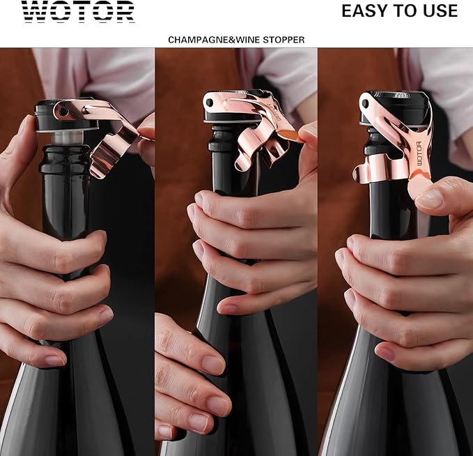 WOTOR Champagne&Wine Bottle Stoppers Stainless Steel with Food Grade Silicone, Leak Proof Keep Fresh Reusable Saver, Cork Suitable for Wine, Champagne, Cava, Prosecco and Sparkling (6 Pack Rosegold)