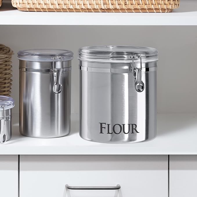 OGGI Stainless Steel Canister 62oz - Airtight Clamp Lid, Clear See-Thru Top. Large Size 5" x 7.5" & Jumbo 8" Stainless Steel Flour Clamp Canister - Airtight Food Storage Container Ideal, Dry Foods