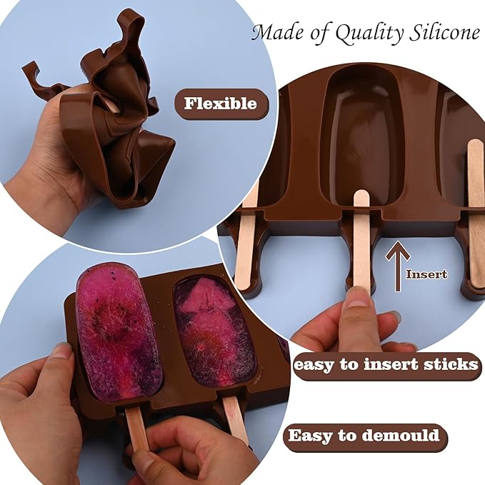 WMKGG Popsicle Silicone Molds Set, 2 PCS Ice Cream Molds with 50 Wooden Sticks for Cake Pop, Ice Pop, Cakesicles (Standard Size/Coffee)