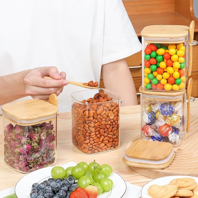ComSaf 0.8 Qt Glass Jars with Bamboo Lids & Spoons Set of 4, Square Glass Containers with Lids, Sugar Coffee Containers Salt Spice Jars, Pantry Storage Container for Loose Tea, Candy, Brown Sugar, Nut