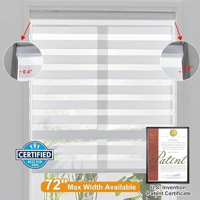 Persilux Cordless Zebra Blinds for Indoor Windows, Free-Stop Light Filtering Sheer Shades, Dual Layer for Day and Night, Roller Shades for Home (35.25" W X 64" H, White)