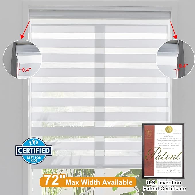 Persilux Cordless Zebra Blinds for Windows (58" W X 64" H, White) Free-Stop Roller Windows Shades Dual Layer Light Control for Day and Night, Light Filtering Sheer Shades for Home, Easy to Install