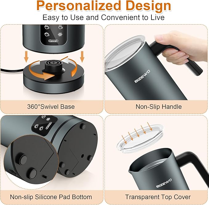 BIZEWO Milk Frother Electric, Warm and Cold Milk Steamer, 4 IN 1 Automatic Milk Warmer Stainless Steel with Touch Screen for Coffee, Latte, Macchiato, Cappuccino, Hot Chocolate