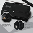 Asaya Chef Knife Bag - 28 Pockets for Knives and Kitchen Utensils - Durable Ballistic Nylon, Black Stainless Steel Hardware, Card Holder and Adjustable Shoulder Strap - Knifes not Included (Black)